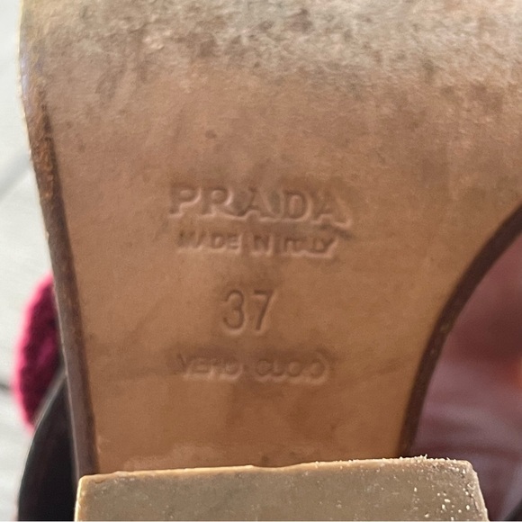 Prada Authentic Crochet Accent Brown & Purple Leather Heels Womens Size 37 - Picture 6 of 11